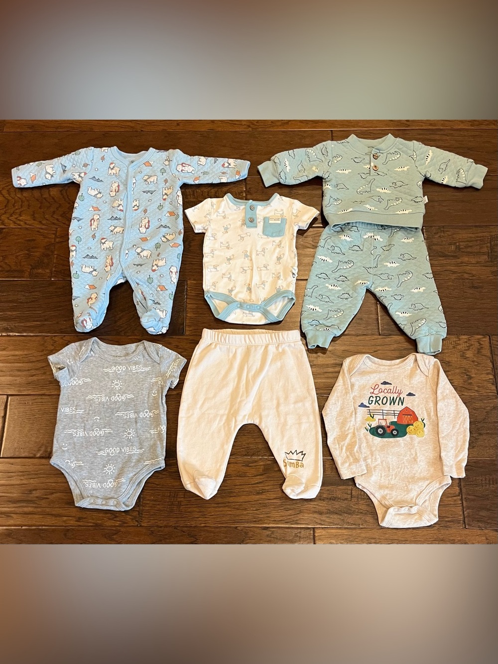 0-3 Months - Lot of 7 - Blue, White & Gray Baby One-Piece Bodysuit & Pant Set Et